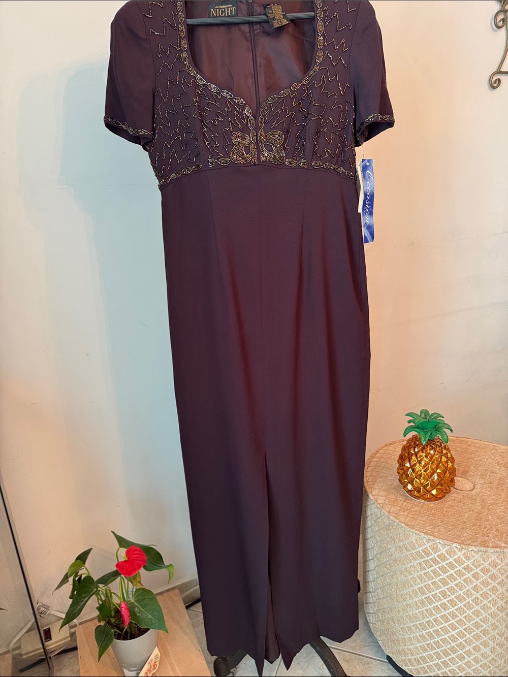 Liz Claiborne Brown Gown with Gold Beadwork